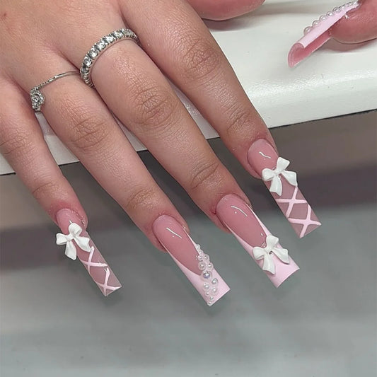 Sweet Pink French Nails – White Bow Design