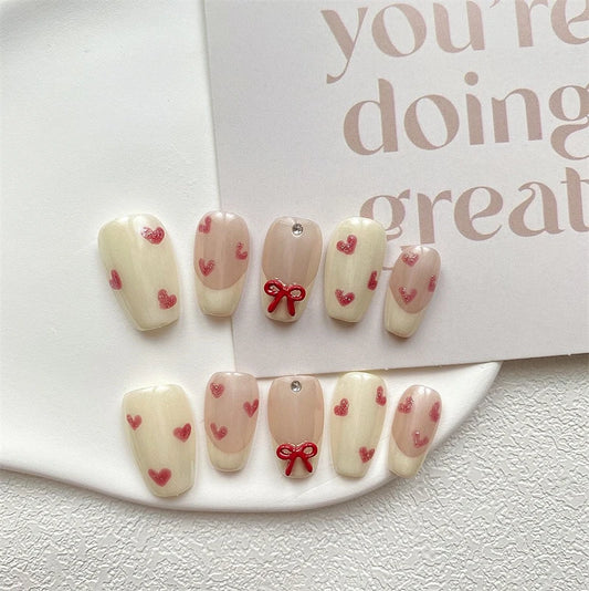 Cute French Press-On Nails – Heart & Bow